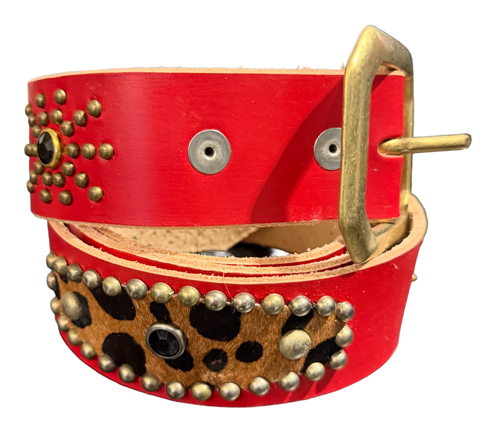 Studded 'Cheetah Felt/ Sun Gem' Red Belt