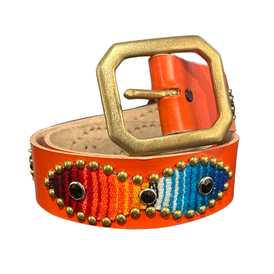 Studded 'Blanket Pattern' Orange Leather Belt