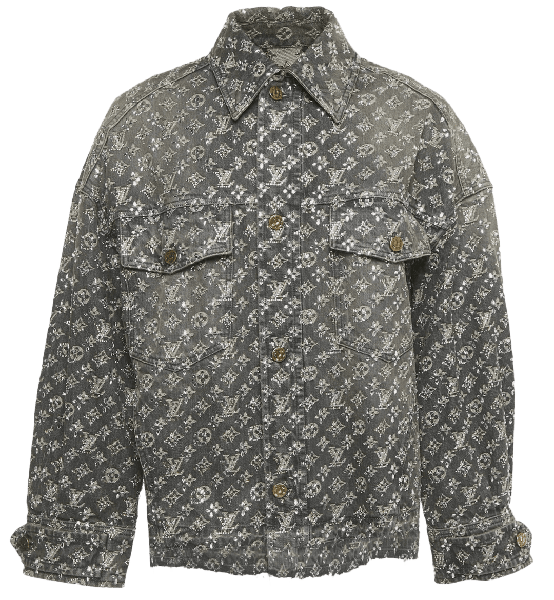 Louis Vuitton Grey Rhinestone Embellished Monogram Raw Edge Denim Jacket Runway