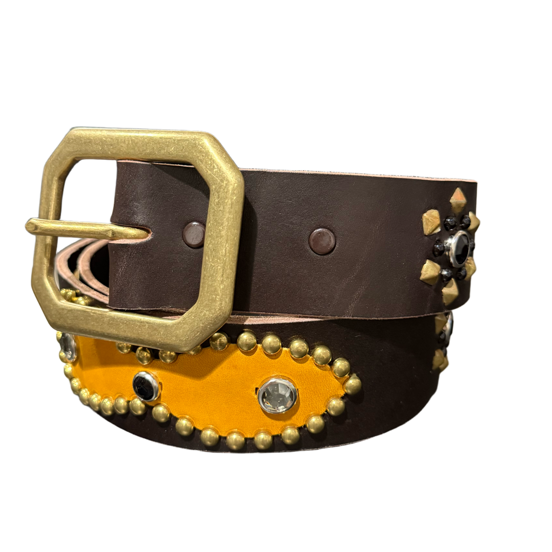Studded 'Black Gem/Gold Stud' Brown Leather Belt